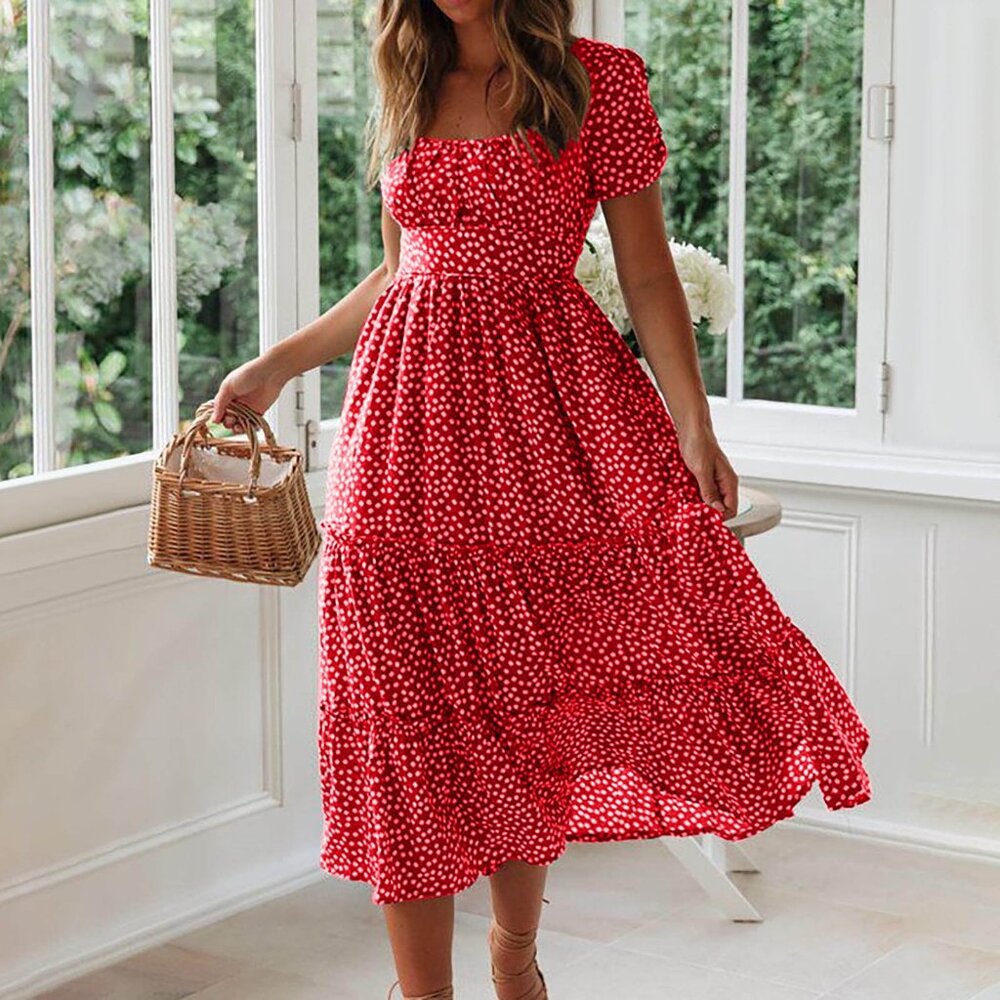 Red Print Dress with Square Neckline